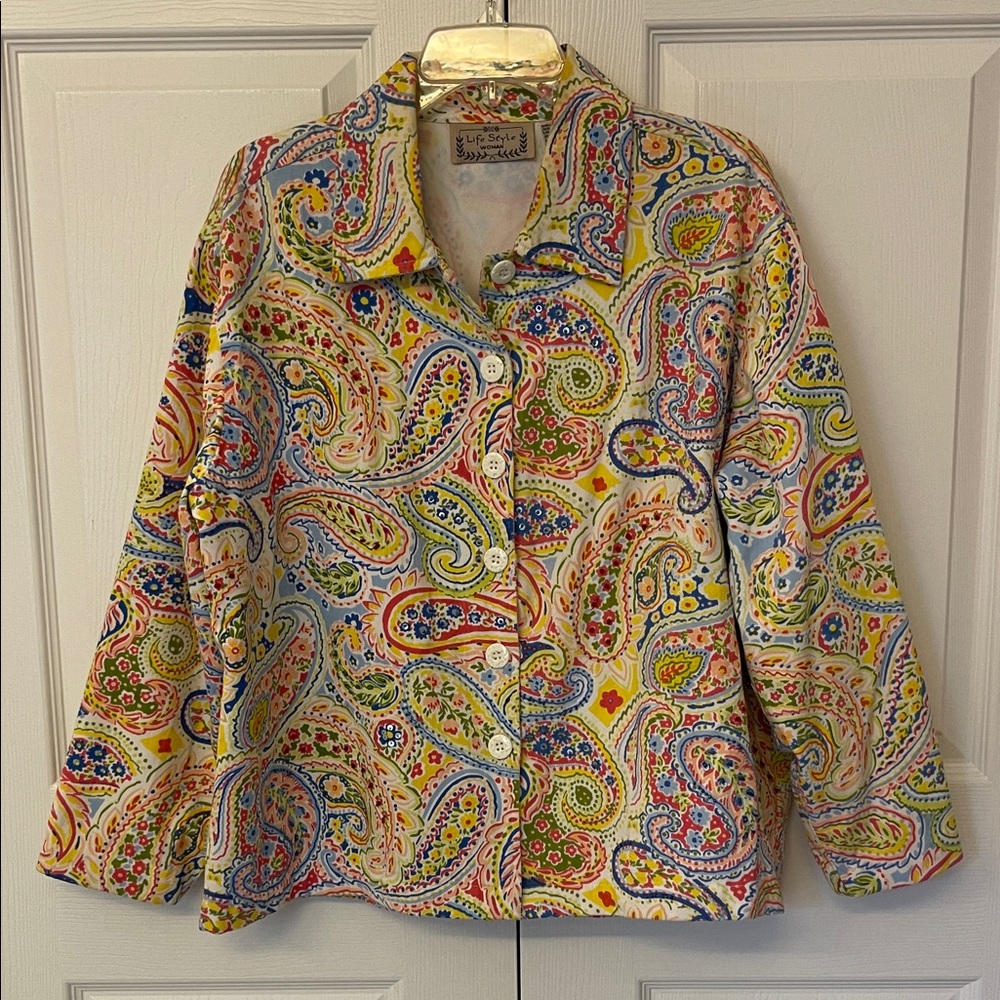 Life Style Woman Paisley Button Down Shirt Lining Multicolor Design Size 1X